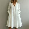 Women Casual Loose Fit Vintage Embroidered Floral V Neck Long Sleeve Dress Comfortable Everyday Wear