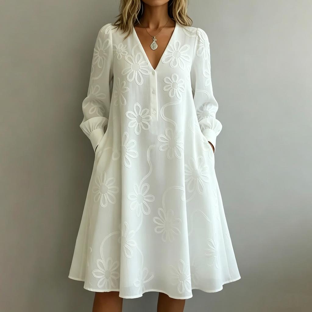 Women Casual Loose Fit Vintage Embroidered Floral V Neck Long Sleeve Dress Comfortable Everyday Wear