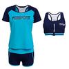 Teddy Women's Fitness Swimsuit, 3-Piece Set with Tankini and Separates, Short Sleeve Rash Guard and Shorts, Sport Style hys1207-A (Blue, Size L (9))