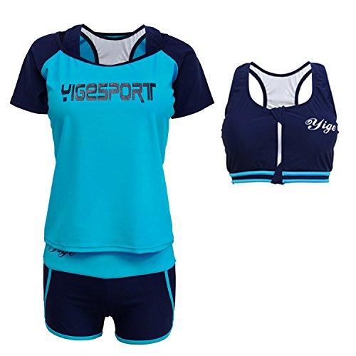 Teddy Women's Fitness Swimsuit, 3-Piece Set with Tankini and Separates, Short Sleeve Rash Guard and Shorts, Sport Style hys1207-A (Blue, Size L (9))