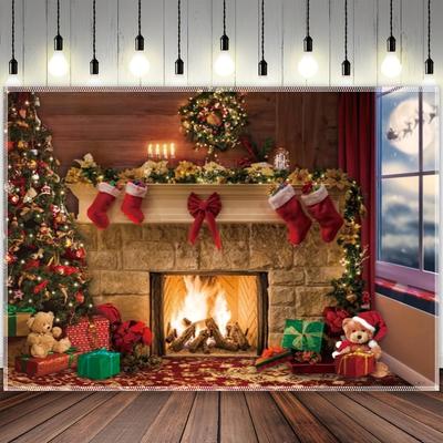 Weihnachten Kamin Polyester Fotografie Hintergrund Winter Weihnachten Fenster Schneeflocke HintergrundGeschenk Baum Socke Rentier Santa Party Dekorationen