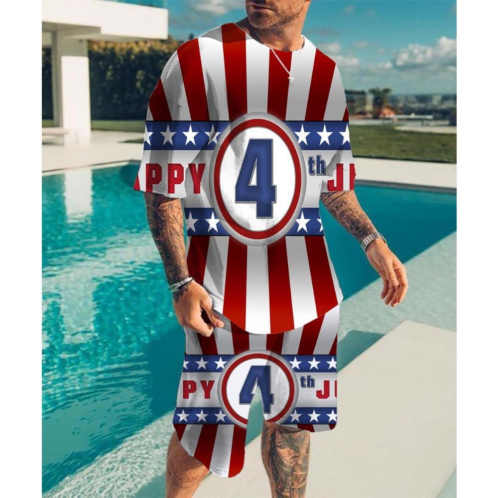 New Vintage Style Men's Beach Shorts Set 3D USA Flag Print Short Sleeve T-shirt+Shorts 2 Pcs Set Summer Oversized Tracksuit Suit