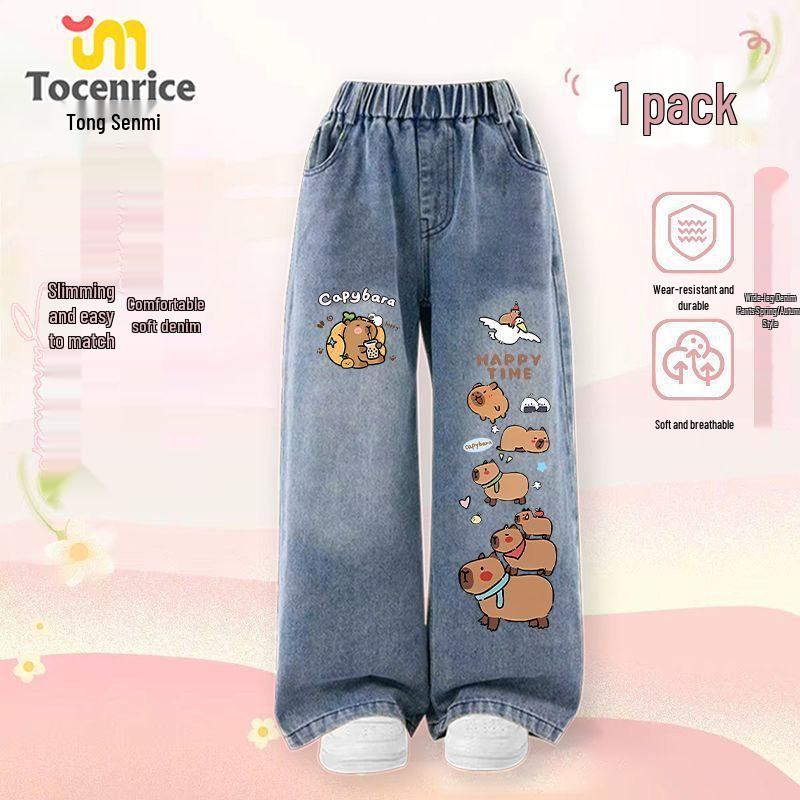 Capybara Kids Autumn/Winter Velvet Hoodie & Jeans Set for Girls