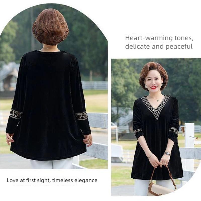Women's Plus Size Blouse Loose V-Neck Velvet Blouse Spring Autumn Long Sleeve Velvet Pullover Top