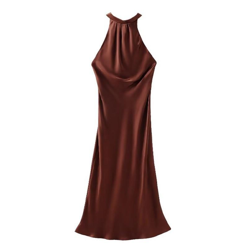 

European American Women s Clothing Fashionable Sexy Silk Satin Backless Collar Dress XS темно-коричневого
