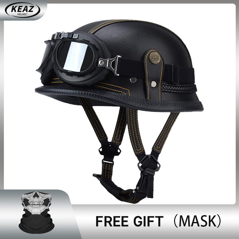 

Заводская цена Мотоциклетный кожаный шлем-полулицо в немецком стиле Одобрено DOT Шлемы-кепки 1/2 скорлупы + Очки Шлем открытого типа XL