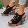 2026 Summer New Women's Bohemian Roman Sandals - Fish Mouth Slope Heel, Hollow Out Color Block Design, Size 43 TC