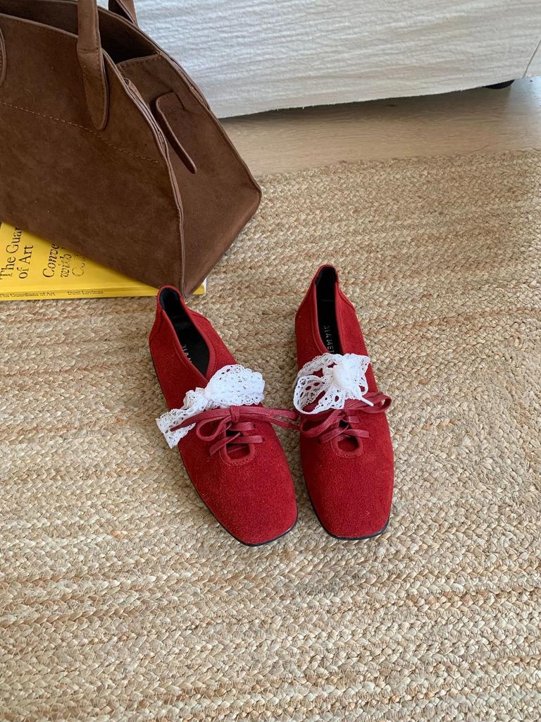 French lace Mary Jane small leather shoes women's 2025 new square head thick heel lace-up ballet retro single shoes