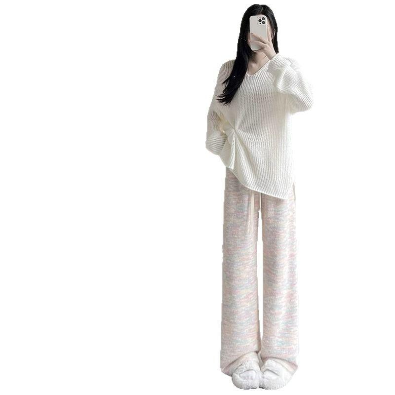 Petite Women's 150cm High Waist Polka Dot Fleece Lined Wide Leg Pants for Autumn/Winter