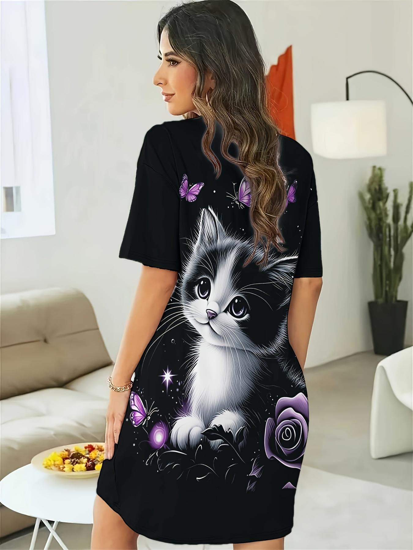 

Women S Cute Kitten ; Butterfly Print Nightgown - Soft Short Sleeve Round Neck Sleep Dress with ; Cat ; Purple Butterflies 4XL дубильная кора