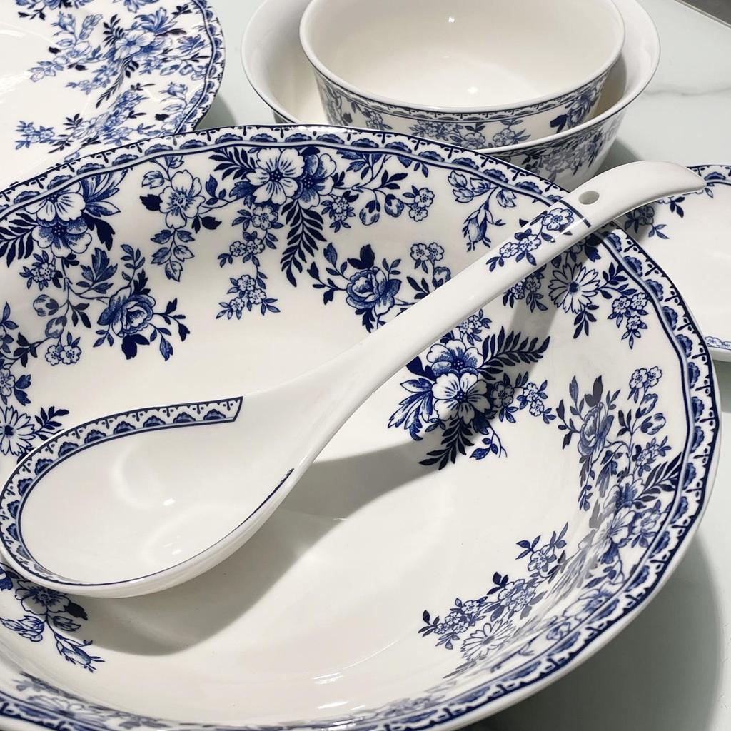 Blue and White Porcelain Pastoral Style Large Noodle Bowl, Microwave-Safe Ceramic Vegetable Dish, Underglaze Tableware