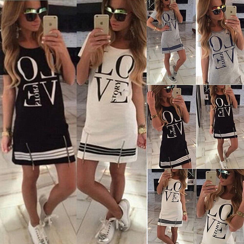 Elegant Sports Women Letter Love Printed Long T-shirt One-piece Casual Dress Zipper