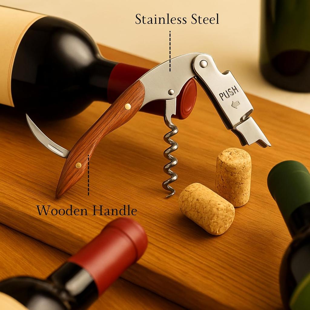 1PC Professional Waiter’s Corkscrew Double-Hinged Wine Opener with Wooden Handle & Leather Case, Durable Stainless Steel Wine Key