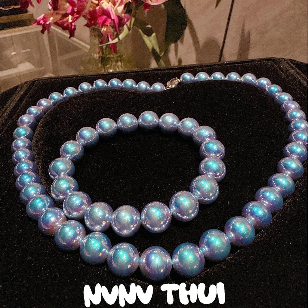 Blues Baroque, Silver Blue Rose Pearl Necklace, Comparable To Japanese Seawater Pearls Old Money Collarbone Chain, Bracelet