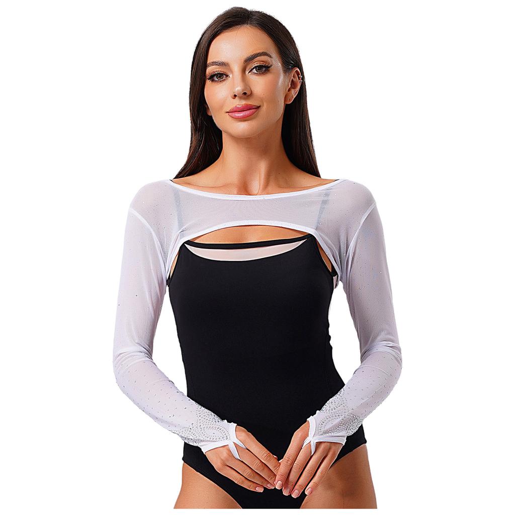 Womens Sparkle Rhinestone Mesh Long Sleeve Dance Crop Top Finger Loop Pullover Shrug Shoulder Cover