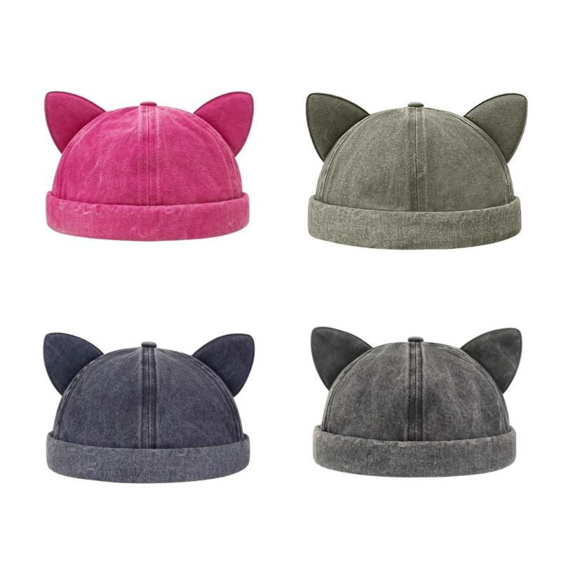 Cat Ear Decor Beanie Hat for Adult Teenagers Portable Beanie Hat Without Brim Spring Summer Anti-UV Hat for Cycling