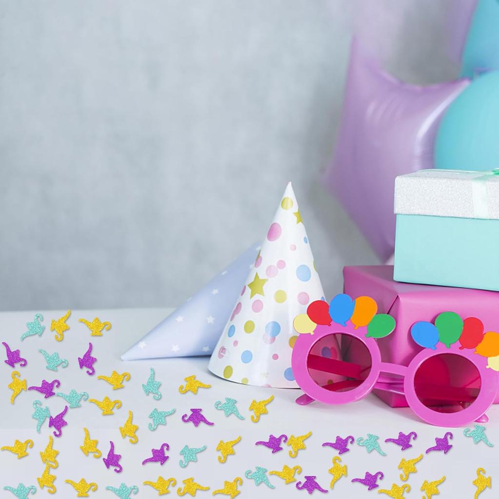 100pcs Genie Lamp Confetti, Gold Genie Lamp Table Confetti for Magical Birthday Party, Teapot Paper Scatters, Baby Shower/Magical World Themed Party