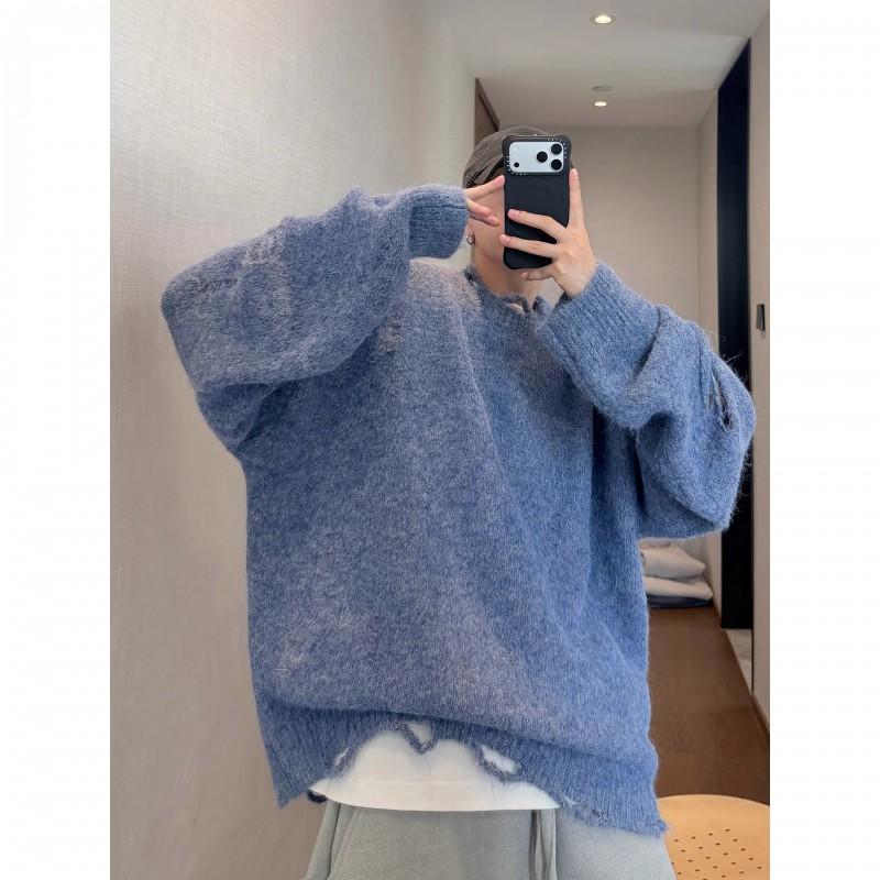 Vintage Light Blue Fuzzy Knit Sweater Mens Loose Fit Distressed Crewneck Streetwear