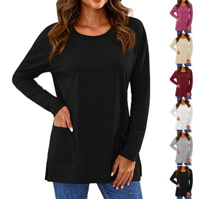 Women's Fashion Color Long Sleeve Round Neck Pocket T,Shirt Top