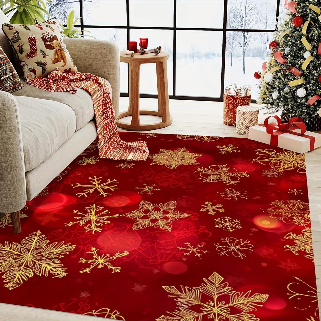 Golden Snowflake Christmas Area Mat - Soft, Absorbent Polyester Mat with Festive Red and Golden Design for Living Room, Bedroom,