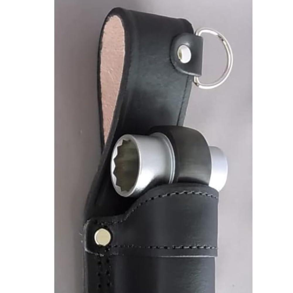 Tobiichi LX-04 Black Leather Tool Holder R-Type for Ratchet Wrench and Mini Hammer, Heavy Duty Tool Holster, Made in Japan