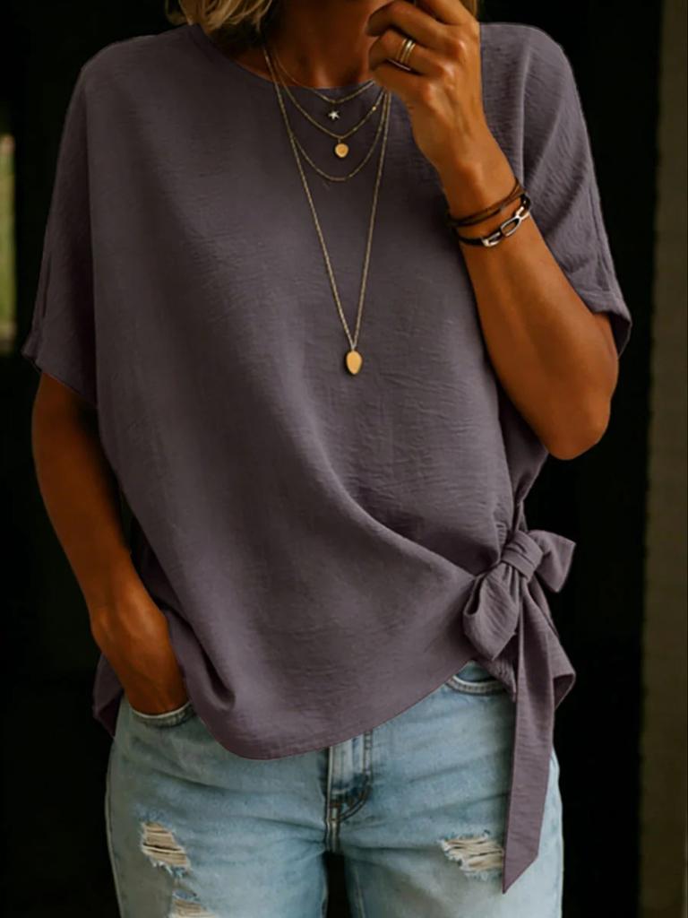 Women's Summer New Solid Color Short Sleeve Loose T-Shirt Top with Frill Hem