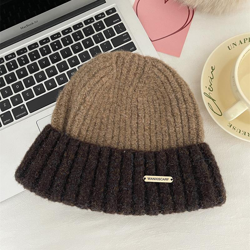 Women Autumn Winter  New Knitted Beanie Cap Korean Version Thickened Warm Color Matching Couple Student Fashion Wool Hat Men