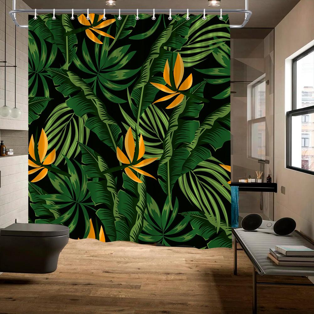 Tropical Leaf Shower Curtain - High-Definition Print, Vibrant Tropical Plant Leaves, Countryside Style, 12 Hooks Included