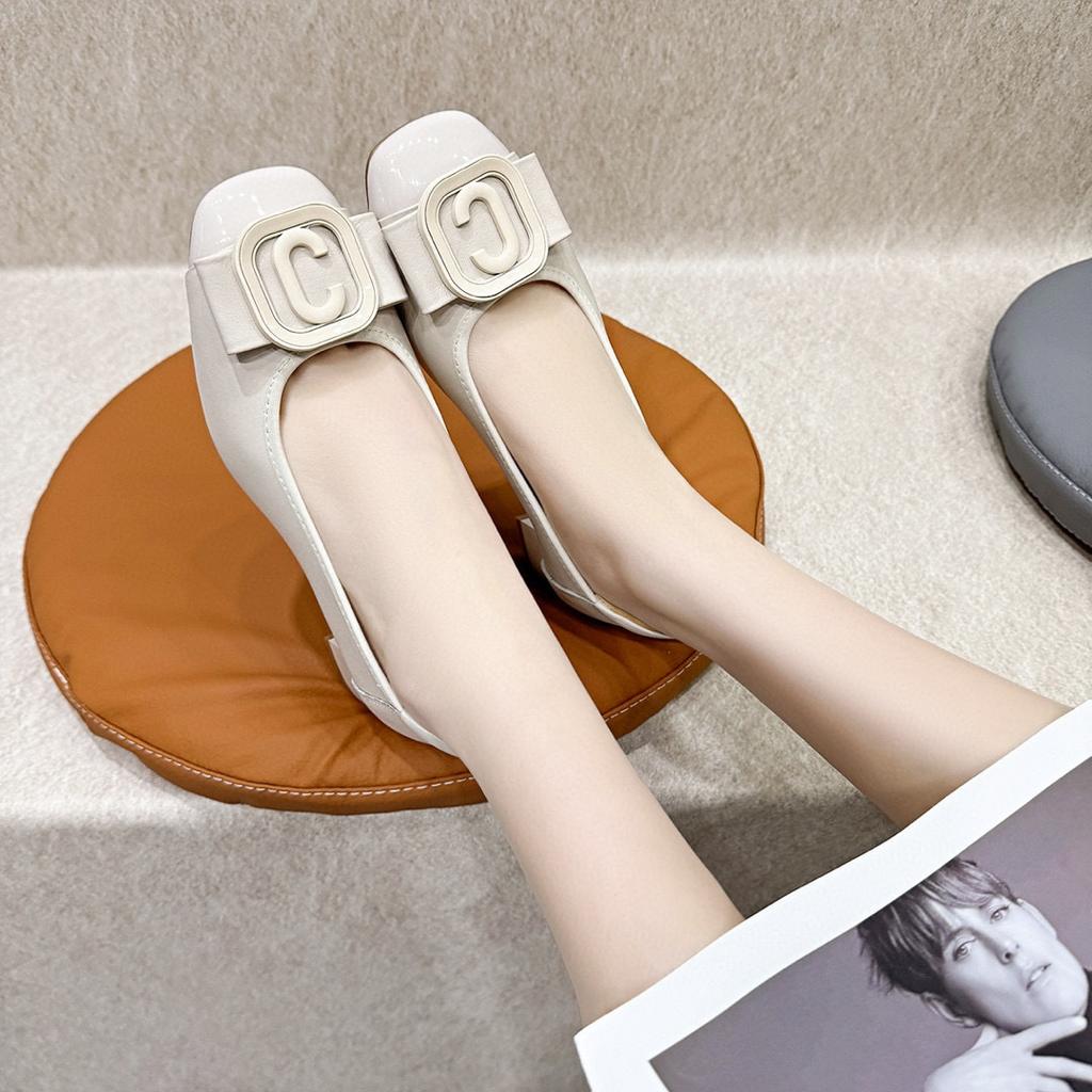 Shallow single shoes women's spring first layer cowhide elastic square head bow one pedal low heel simple