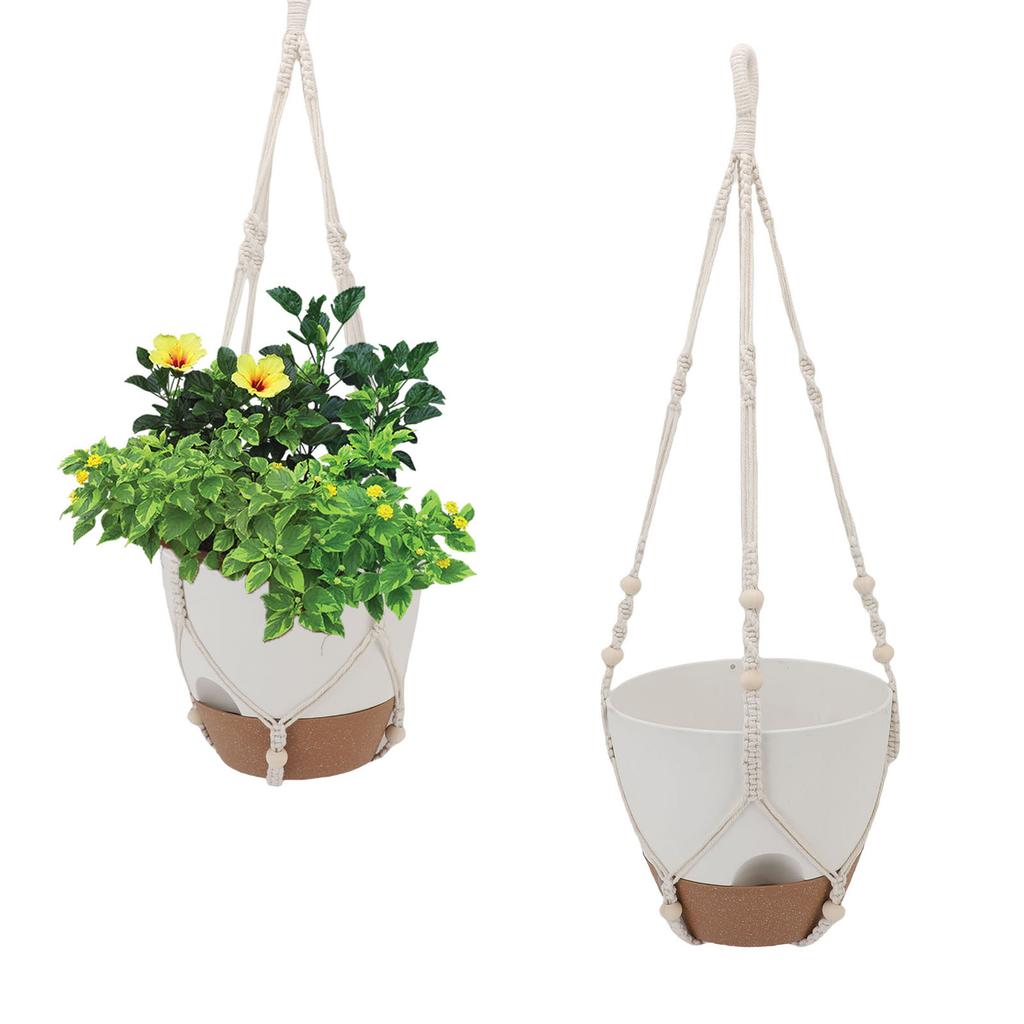 2 Pack 10 Inch Self Watering Hanging Planter Plastic Wood Hanging Flower Pot Basket with Drainage Holes for Indoor Outdoor Garden Home