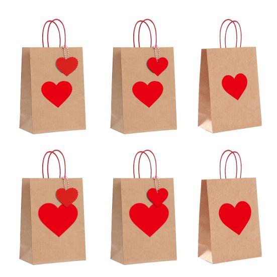 Krafts Paper Bags Red Heart Design Eco-Friendly Gift Bags with Heart Tags And Hemp Rope Gift Packaging for Weddings Birthdays Mother's Day Party