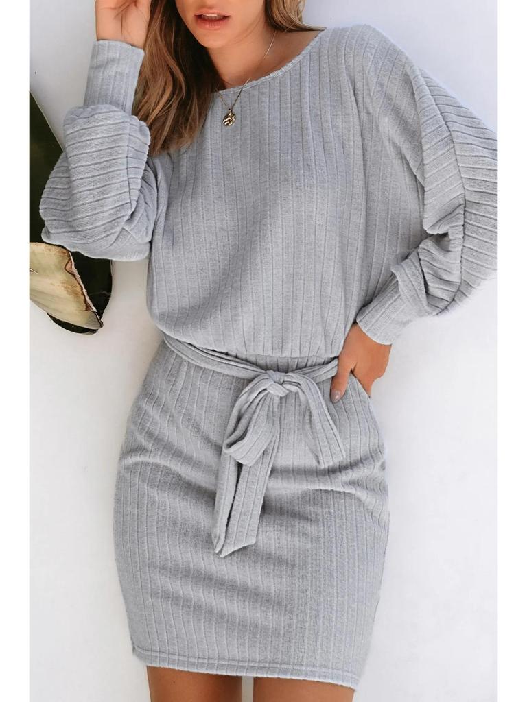 2025 European & American Spring Women's Belted Long Sleeve Ribbed Knit Dress