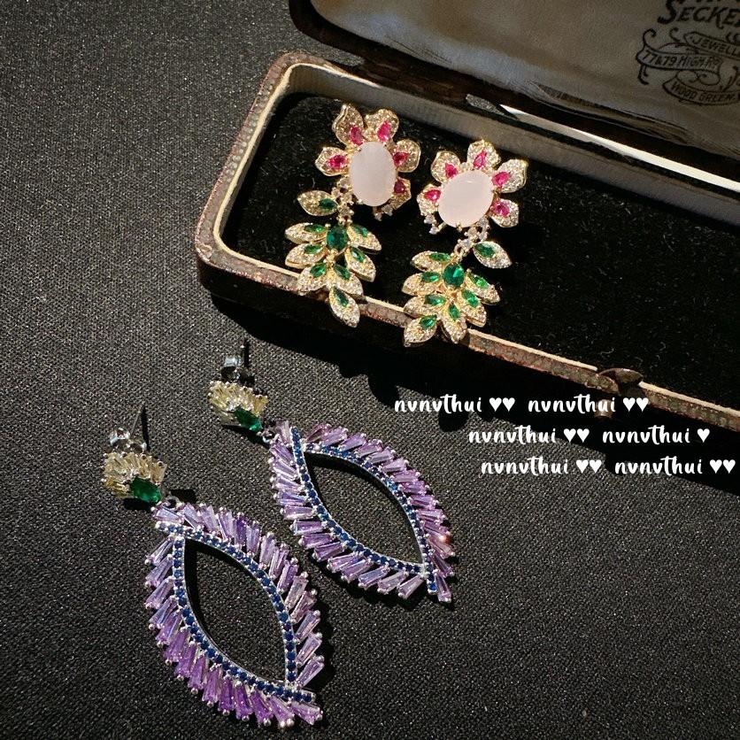 Years Beauty Haze Pink Gem Flower Earrings Vintage Plated 18K Gold, Iris Purple Eyelashes Zircon Earrings