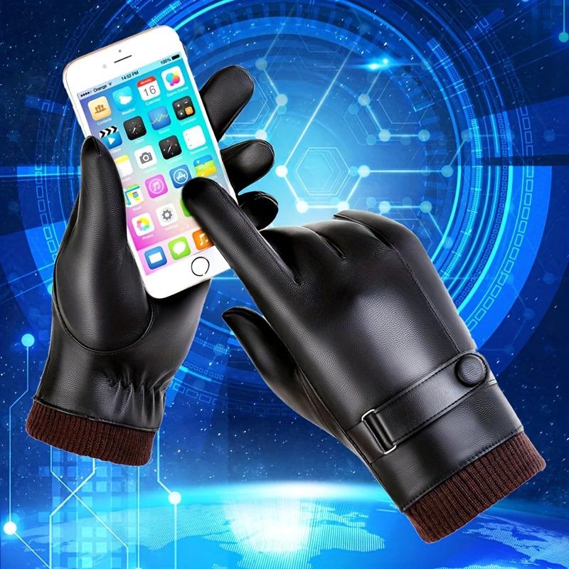 WTEMPO 1 Pair of PU Metal Buckle Touch Screen Cashmere Warm Men's Cold-proof Full Finger Gloves Korean Outdoor Riding Cycling Winter Leather Gloves
