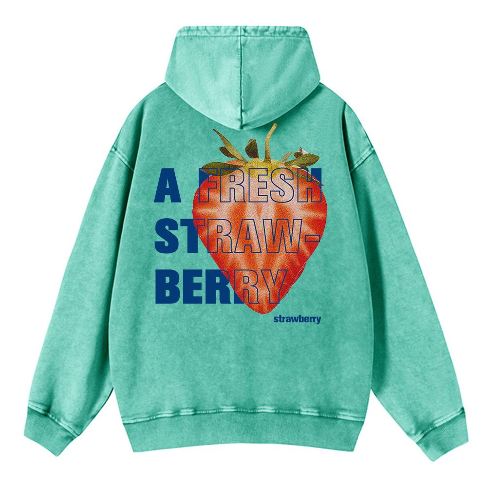 Autumn Winter Woman Acid Wash Hoodies A Fresh Strawberey Prints Sweatshirts Oversize Pocket Cotton Hooded Clothes