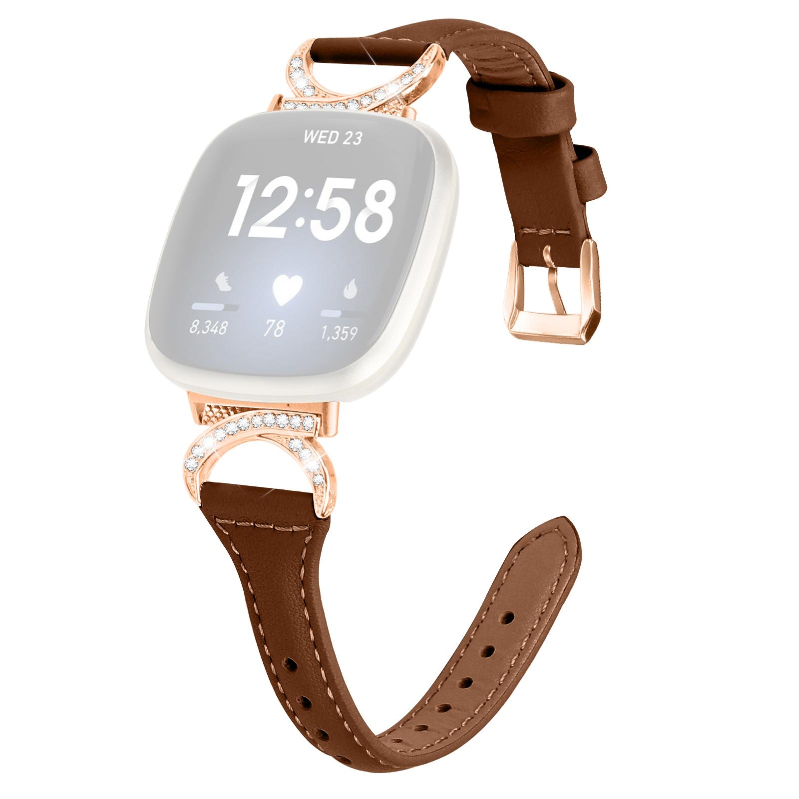 

Genuine Cowhide Leather Watch Band for Fitbit Versa 3/Versa 4/Sense/Sense 2,Rhinestone Decor Wristband Strap with Rose Gold Buckle Brown