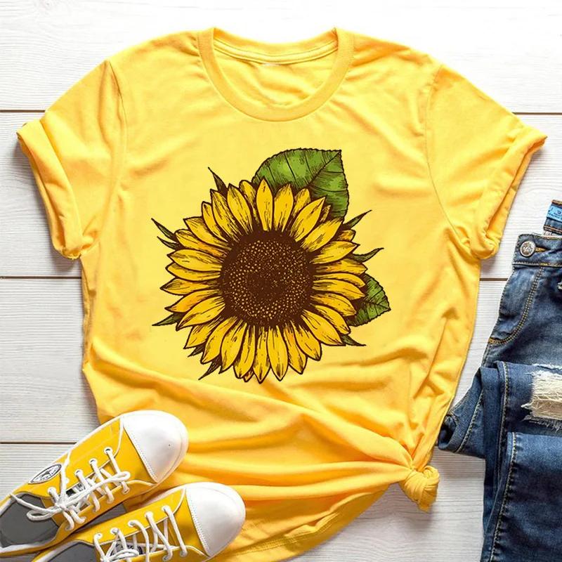 Sunflower Bee Yellow Women's T-shirt Aesthetic Pattern Short Sleeve Shirt Women Graphic T Shirts Summer Streetwear Fashion  Y2K
