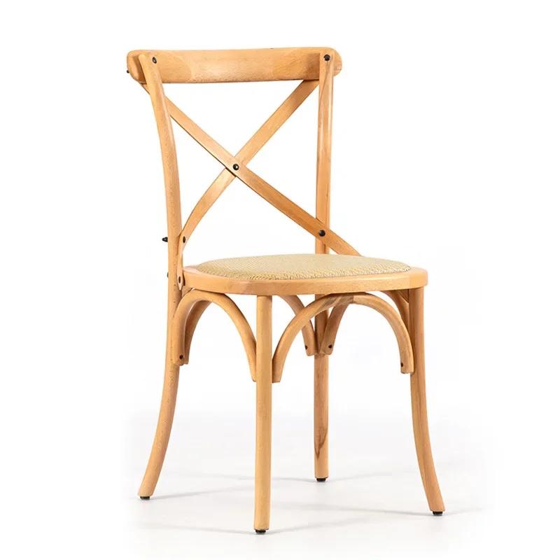 Vintage French Style Solid Wood Dining Chair with Rattan Seat and Fork Back