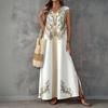 New Bohemian V-neck embroidered long dress sleeveless split beach vacation dress women's clothing