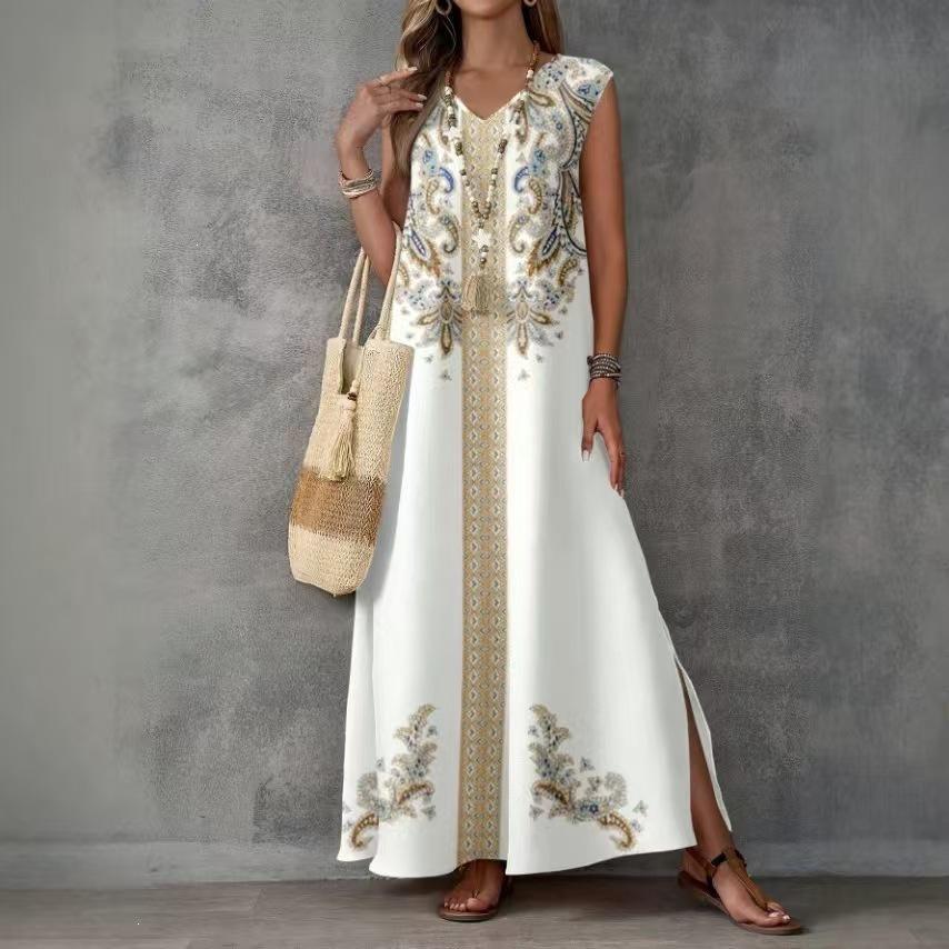 New Bohemian V-neck embroidered long dress sleeveless split beach vacation dress women's clothing