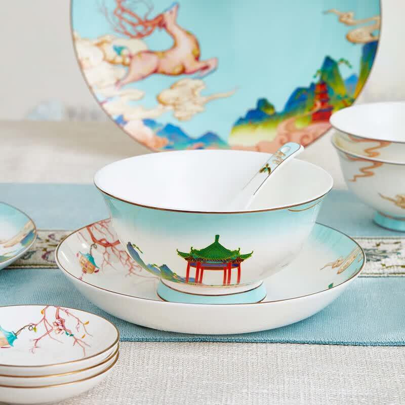 JINGREPUBLIC Fu Lu He Xi 27-Piece Bone China Dinnerware Set