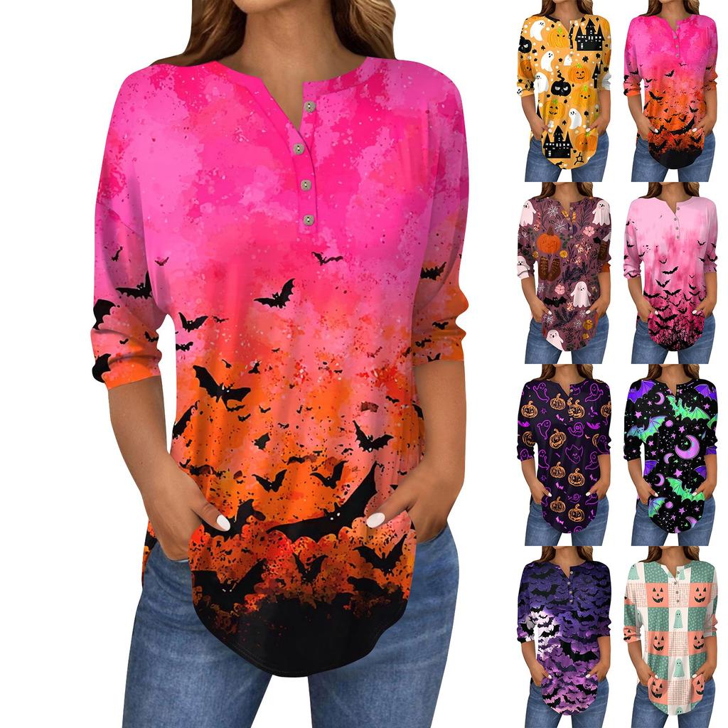 Women's Fashion Loose Button Collar Halloween Print Long Sleeve T-Shirt Top Pullover