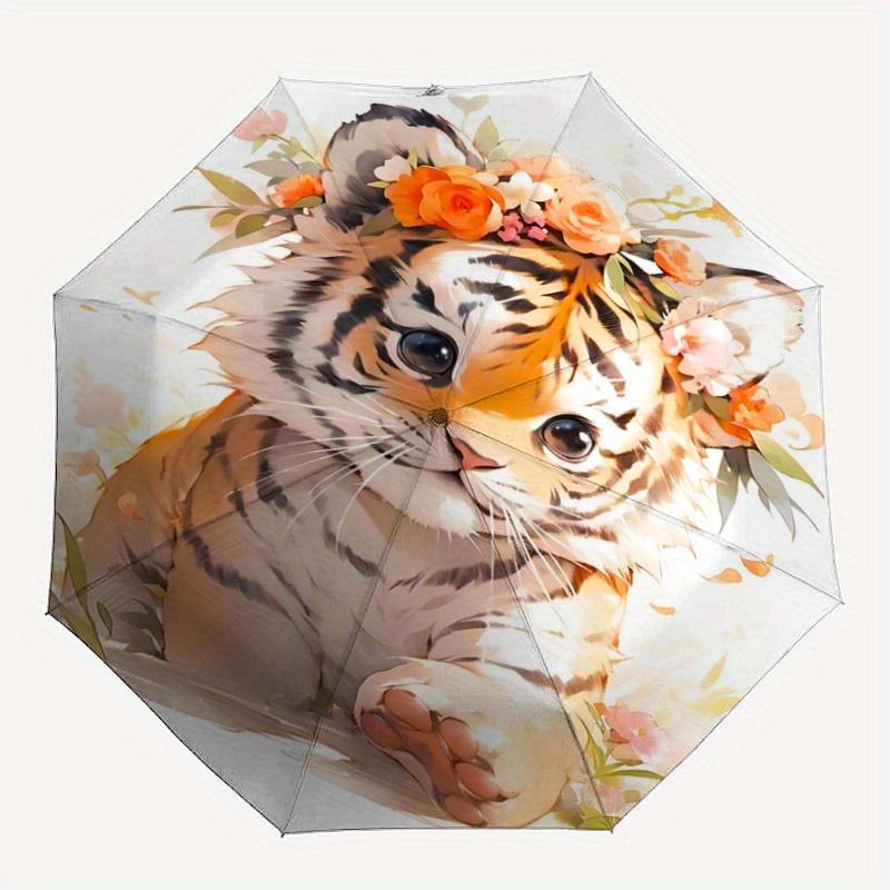 1pc Animal Tiger Cute Design Pattern Umbrella, Fashionable, Personalized, High-Value Folding Umbrella, a Must-Have for Summer, 8-Rib Durable