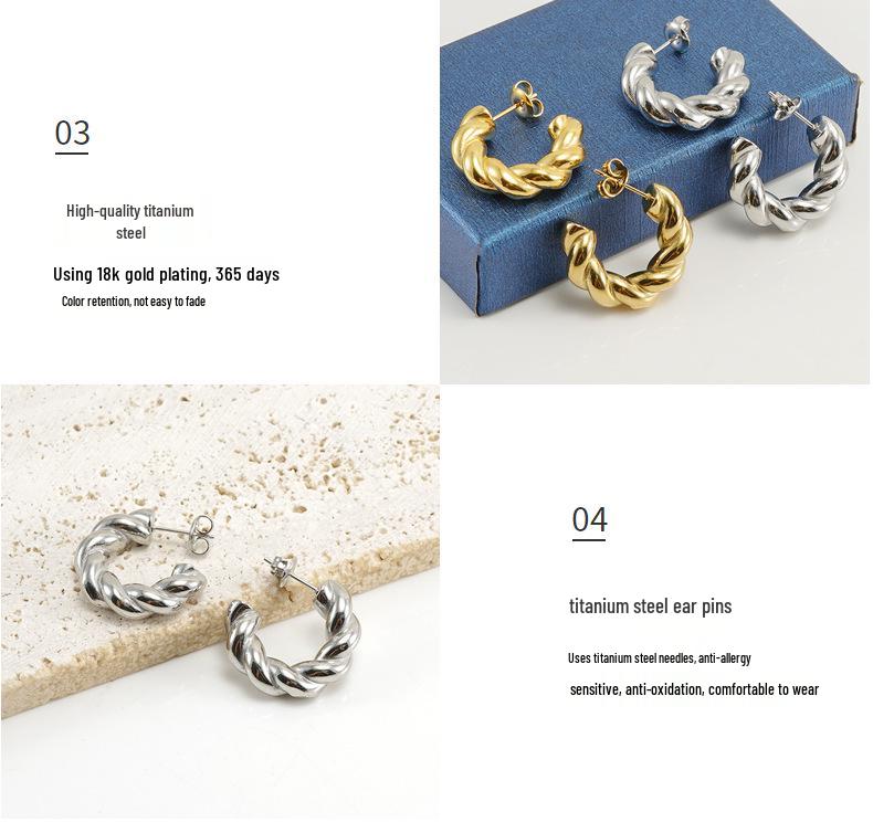 Boucles d'oreilles créoles torsadées en acier titane plaqué or 18 carats sous vide pour femmes