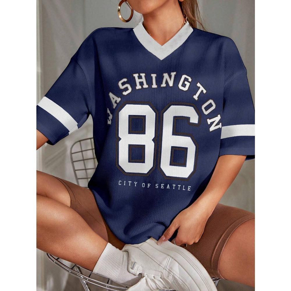 

Oversized T-shirt For Women V-Neck Short Sleeve Summer New Pink Patchwork Streetwear Tops Casual Football Jersey Y2k Tees 6XL