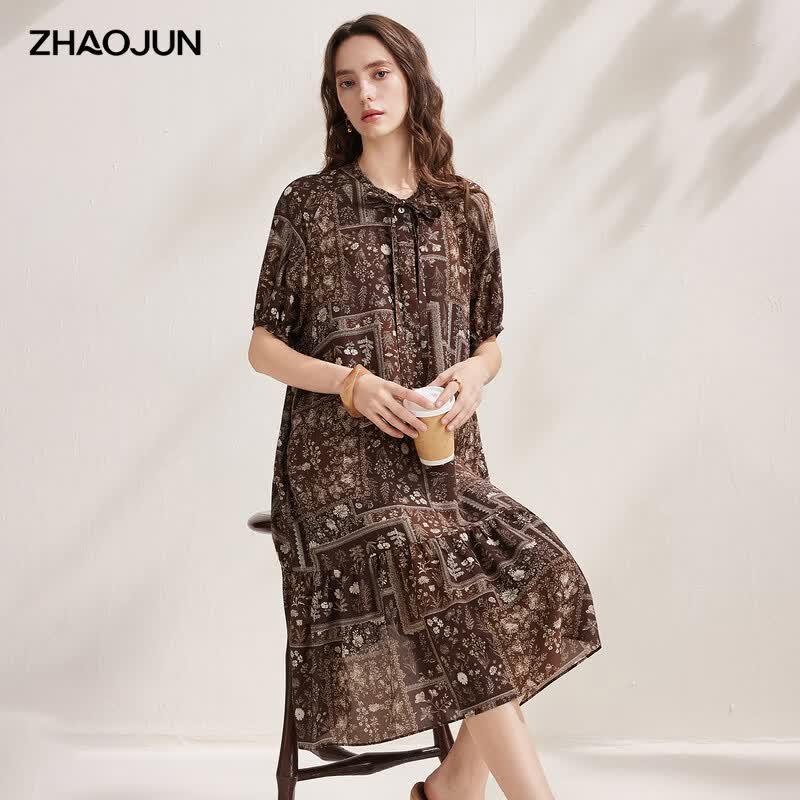 Zhao Jun 2026 Mulberry Silk Printed Half-Sleeve Midi Dress L