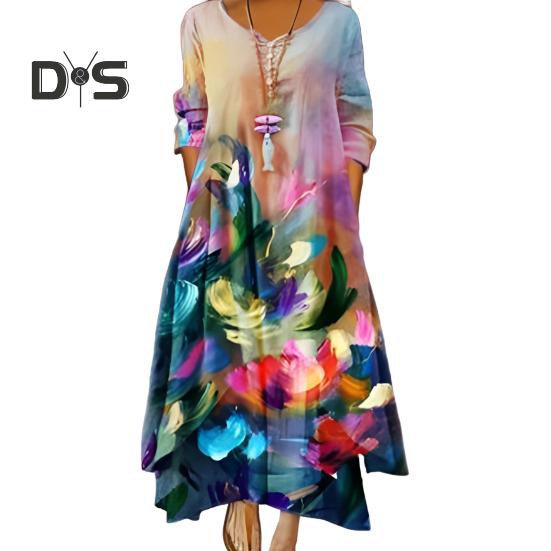 Frühlings- und Herbstkleid mit Taschen, Vintage-Blumendruck, V-Ausschnitt, unregelmäßiger Lagensaum, lockeres A-Linien-Maxikleid für die tägliche Arbeitsparty