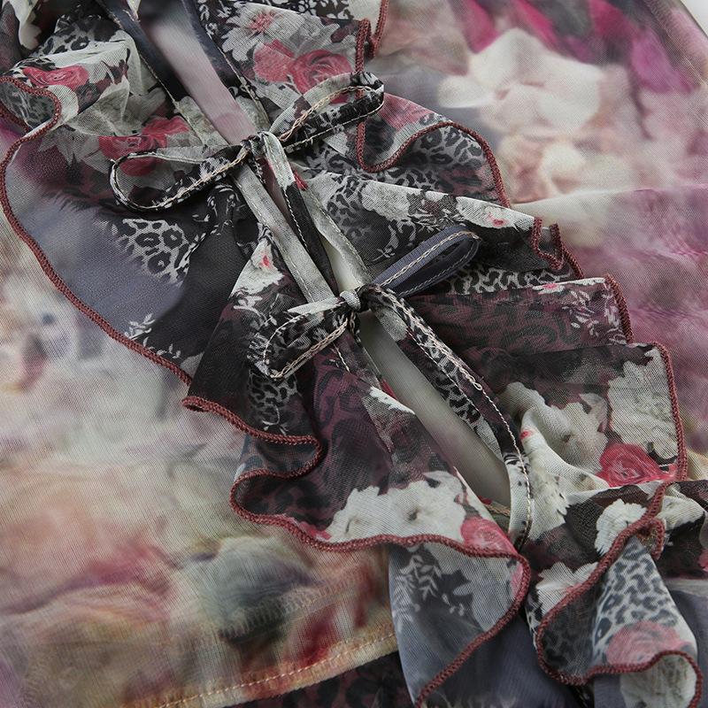 Printed Lotus Leaf Edge Lace-up Mesh Top Retro Light and Thin Niche Slim-fitting Horn Long Sleeve