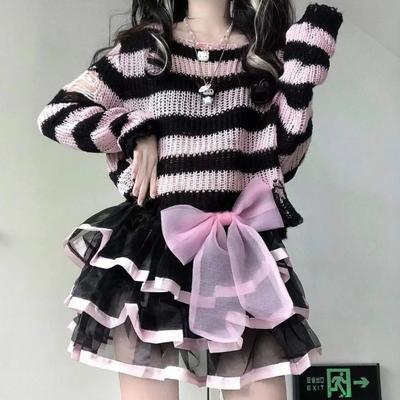 2KWEIRD Suéteres Góticos a Rayas Mujer Agujeros Rotos Sueltos Tejidos Jersey Deshilachado Fairy Grunge Streetwear Lolita