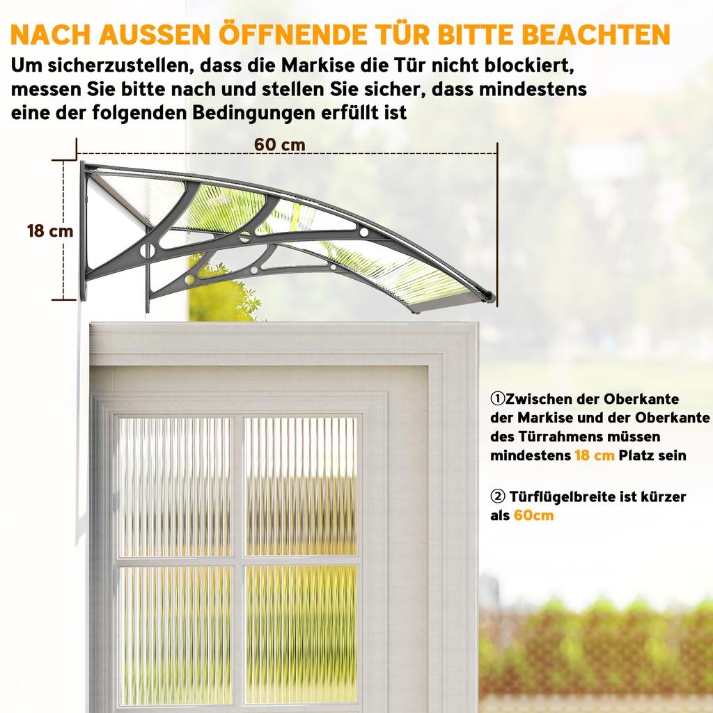 Front Door Canopy, Outdoor Awning, Rain Shelter, 110 X 60cm, Grey